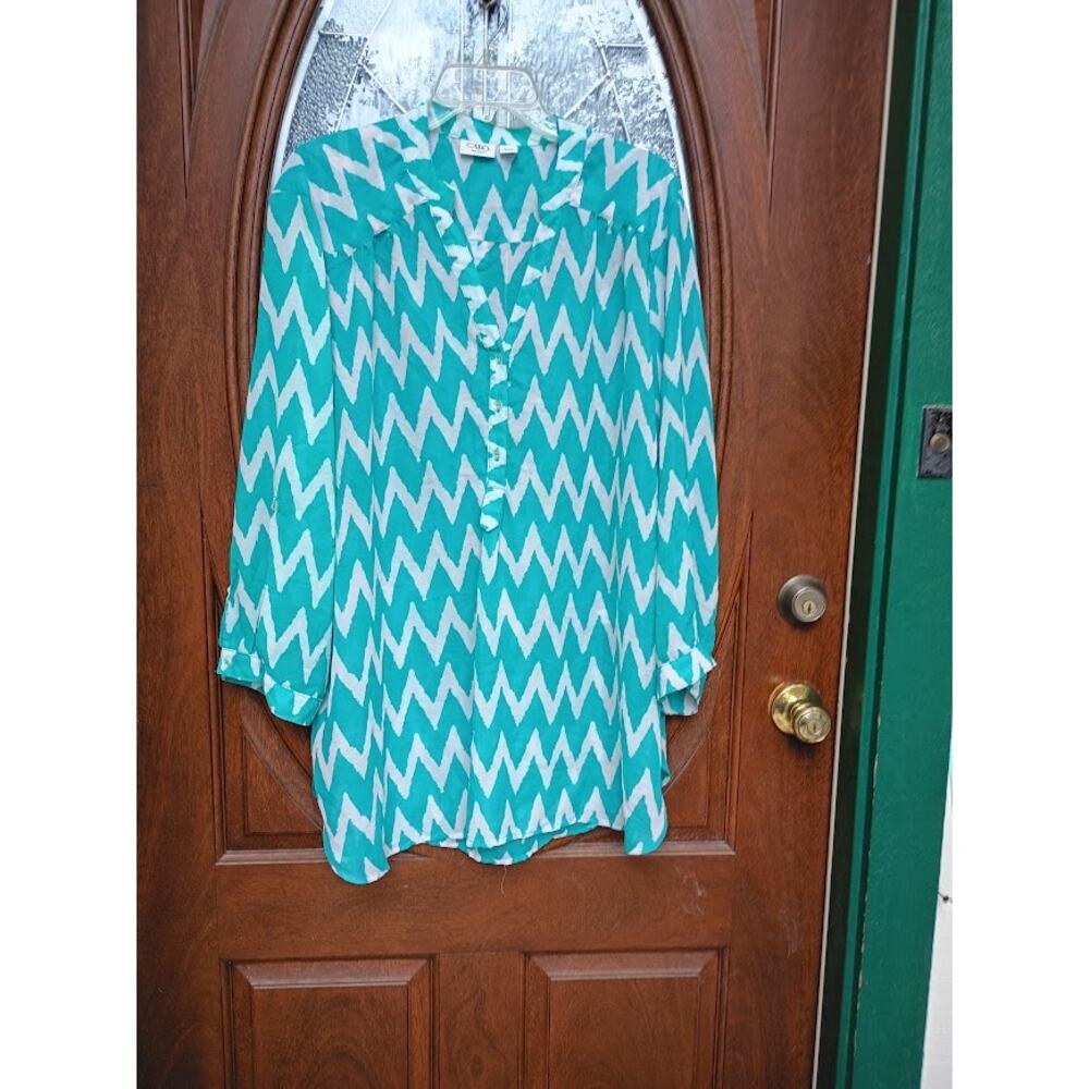 Cato Blouse Women Size 22/24W Aqua Chevron Print V Neck Button Front